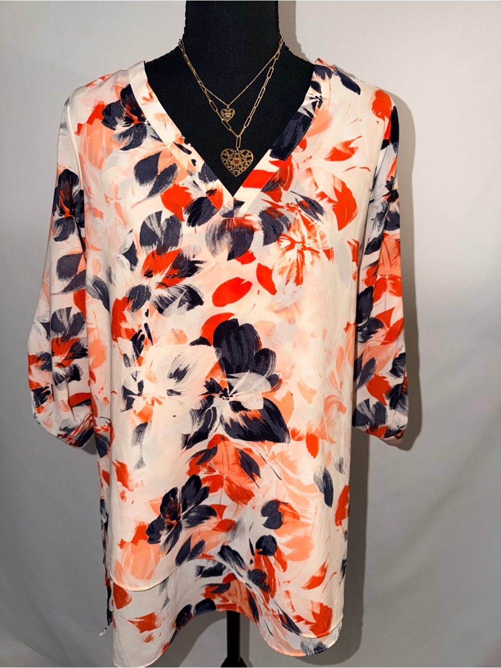 The Limited Floral V-Neck Tunic - Coral, Navy & Cream